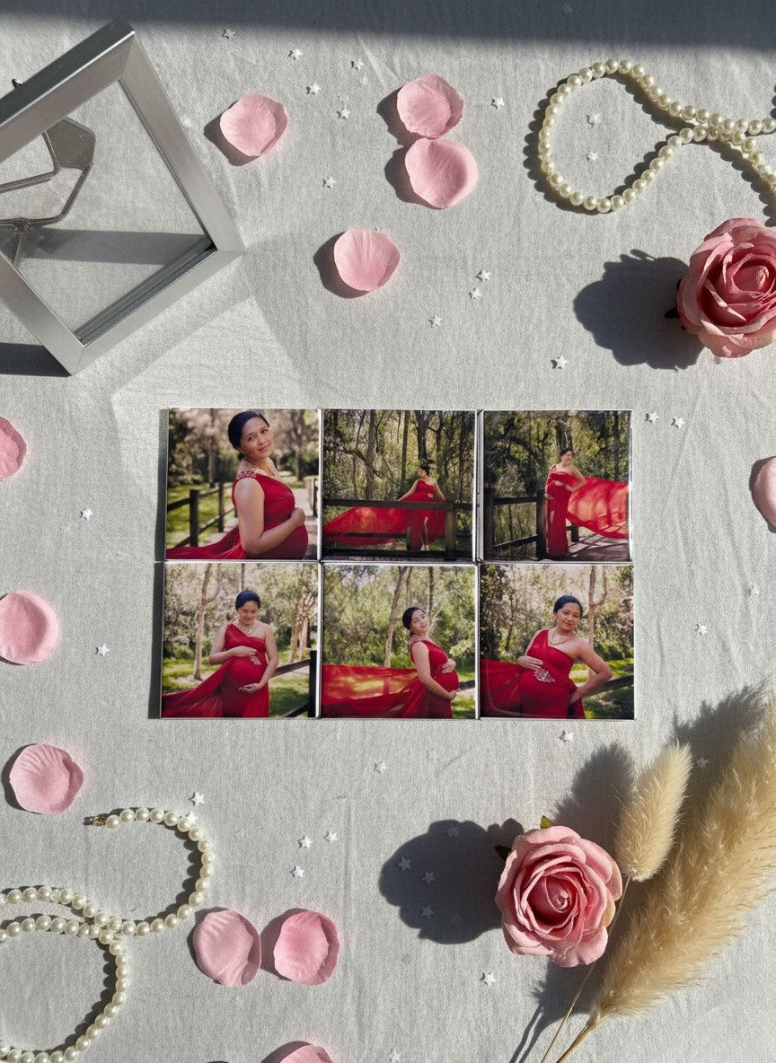 Six Magnipix custom photo magnets featuring a mom on her maternity photoshoot.