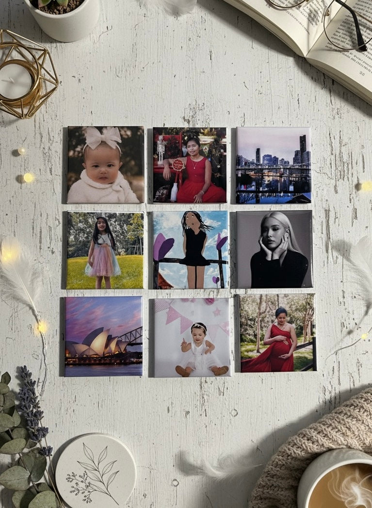 Set of 9 custom photo magnets on fridge - photo paper with mylar, acrylic backing - Magnipix