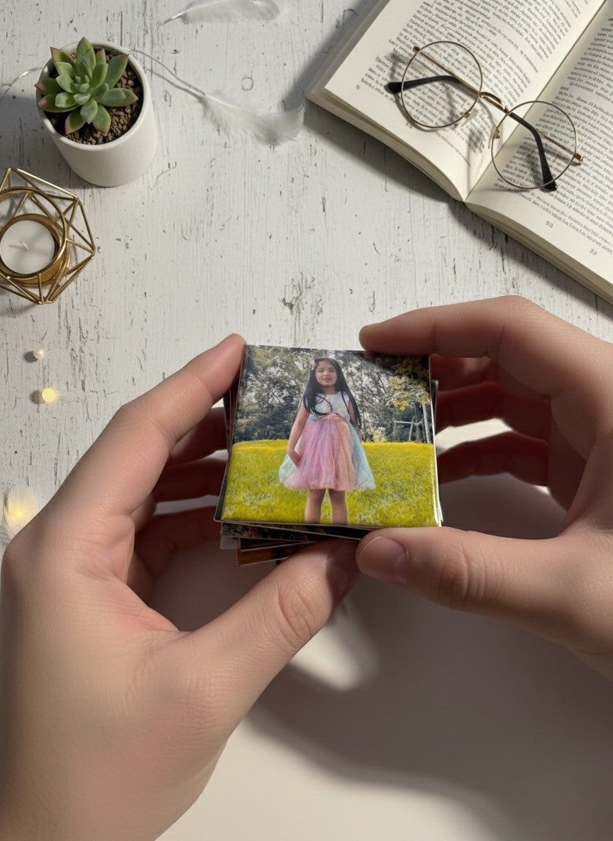 Hand holding a personalised photo magnet - photo paper with mylar, acrylic backing - Magnipix
