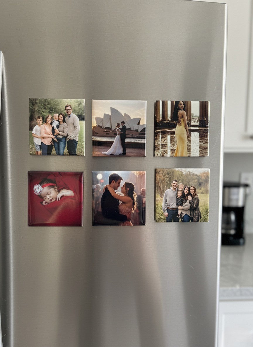 Fridge decorated with custom photo magnets showing family and special memories from Magnipix.