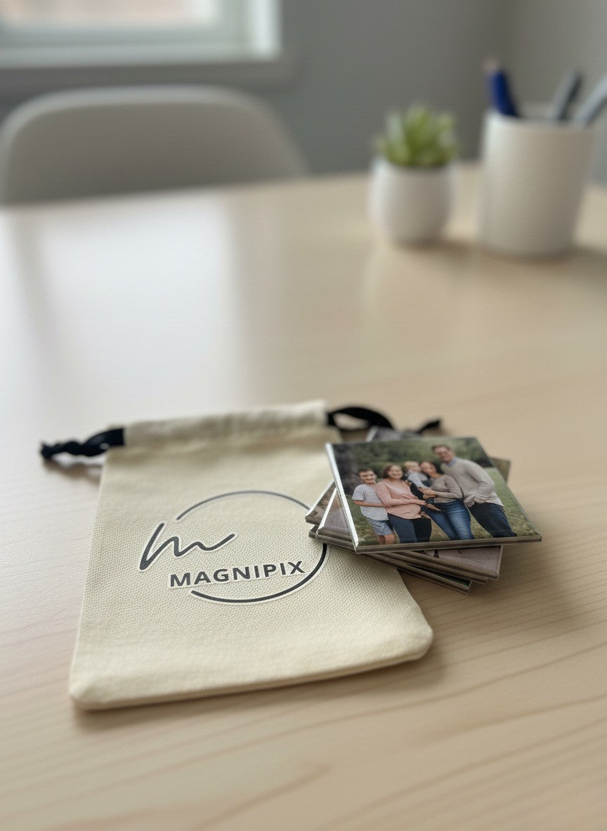 Magnipix custom photo magnets displayed with drawstring gift packaging.