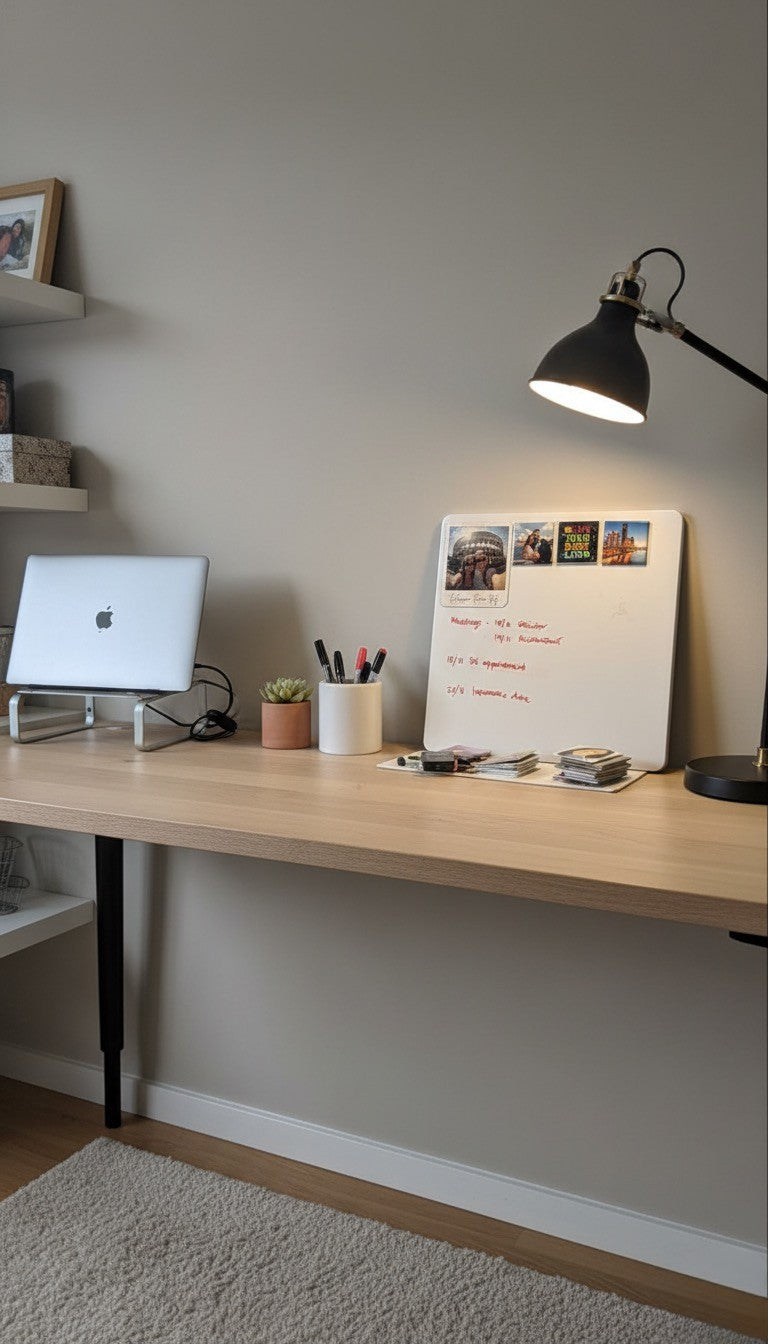 Home office desk with a magnetic board showcasing custom Magnipix photo magnets.