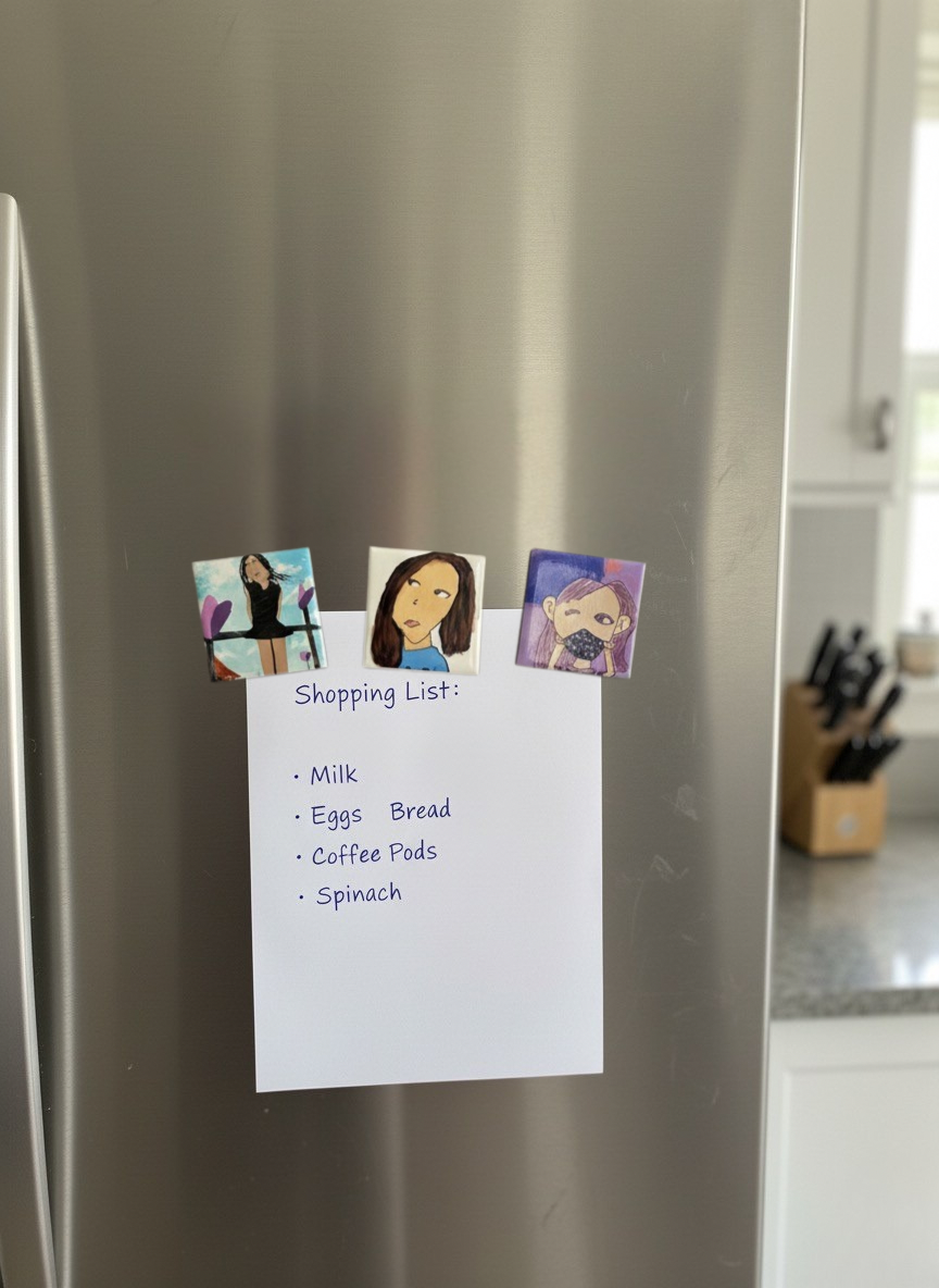 Three Magnipix photo magnets holding a shopping list on a modern fridge.